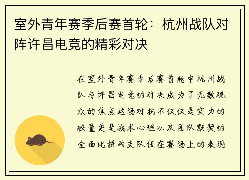 室外青年赛季后赛首轮：杭州战队对阵许昌电竞的精彩对决